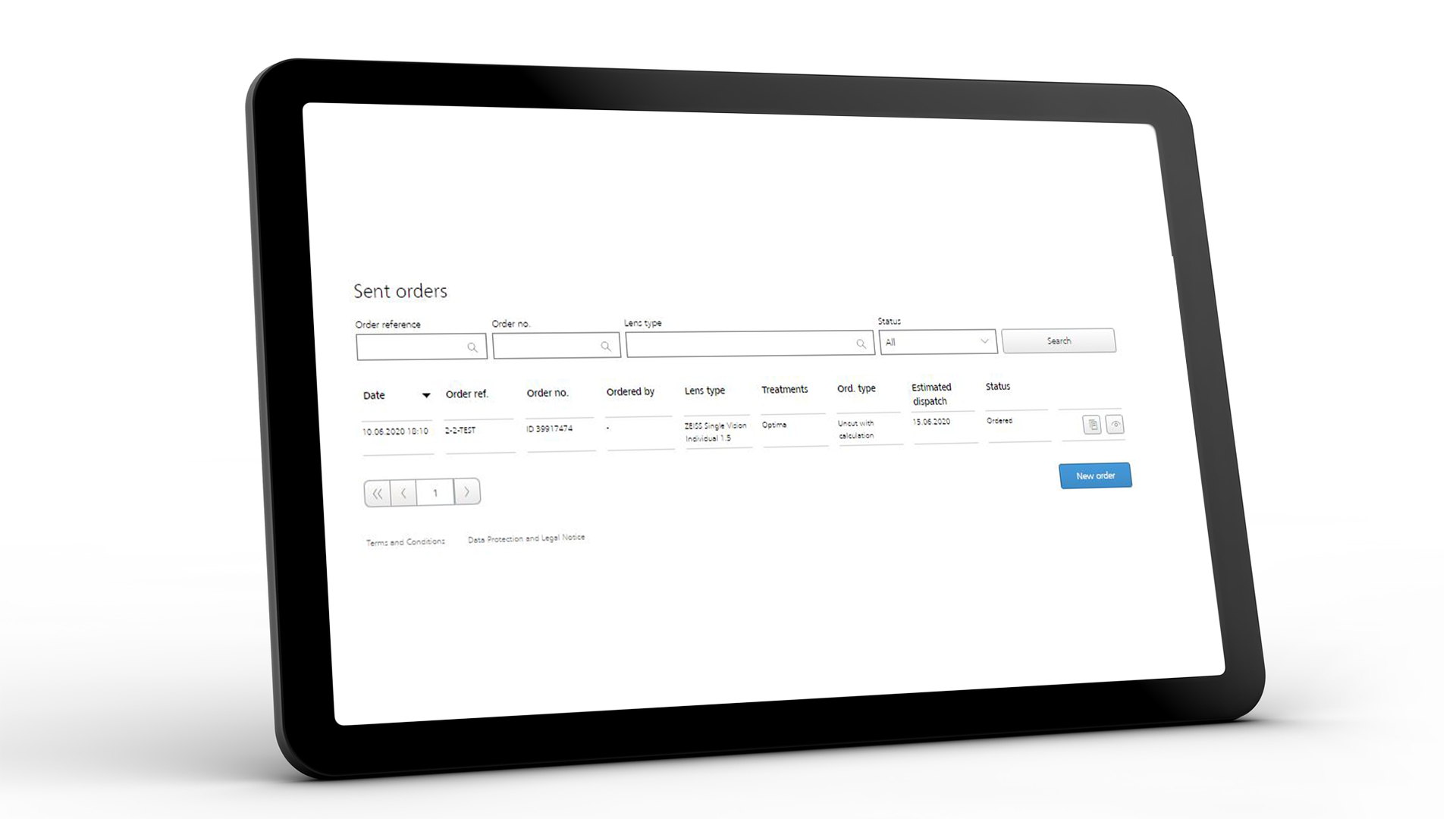 Schermo del tablet che mostra l'interfaccia ZEISS VISUSTORE per gli ordini spediti 