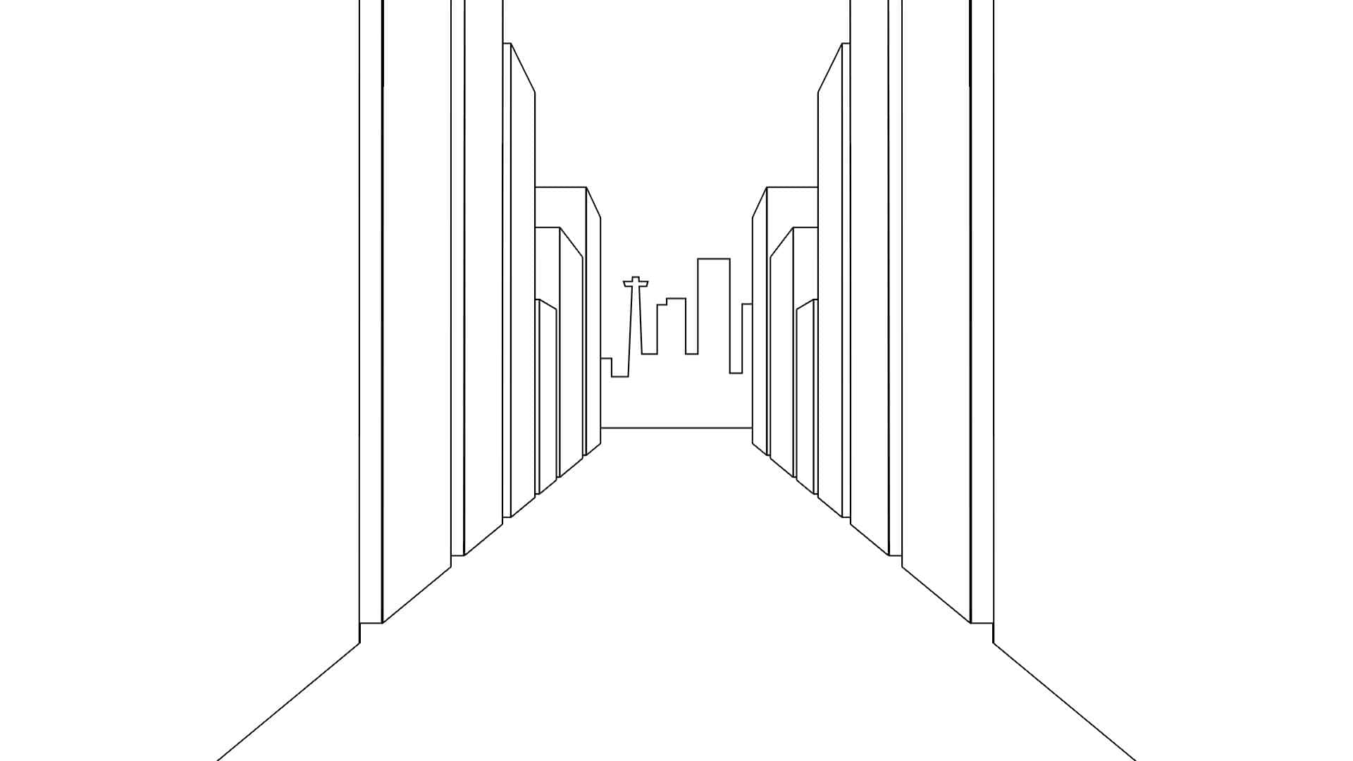 Il punto di vista di una persona che cammina in una città illustrata guardando lo smartphone che tiene in mano.