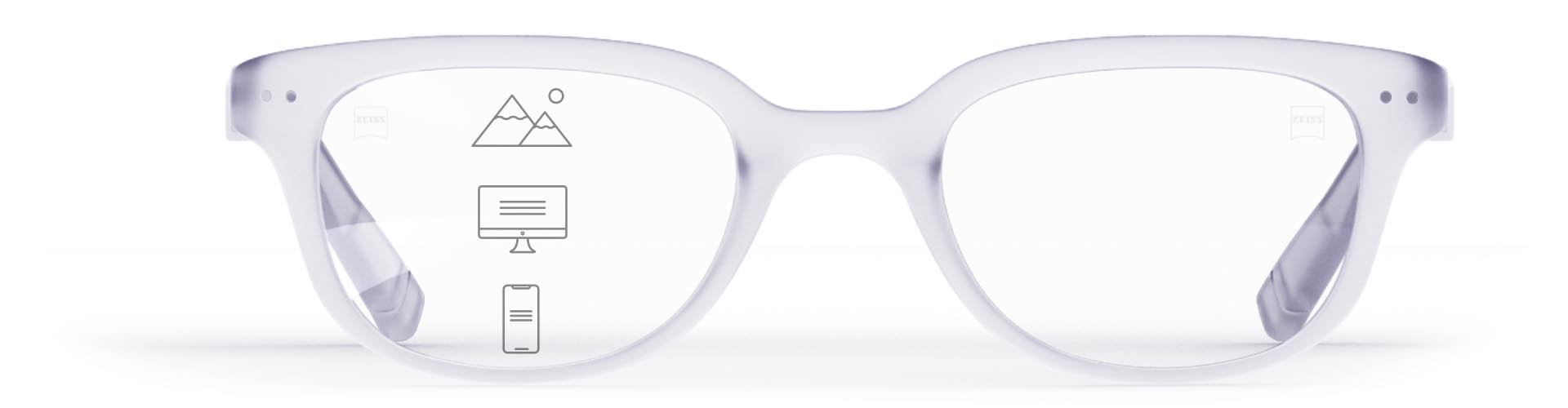 Lenti progressive ZEISS SmartLife con un'elegante montatura trasparente con le icone indicanti le diverse zone di visione: vicino, intermedio e lontano
