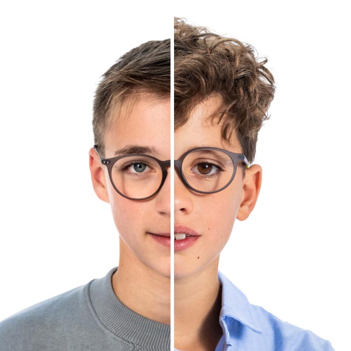 Viso per metà da adolescente e per metà da bambino che si trasforma in viso completamente da adolescente con la comparsa di una scansione di viso e montatura